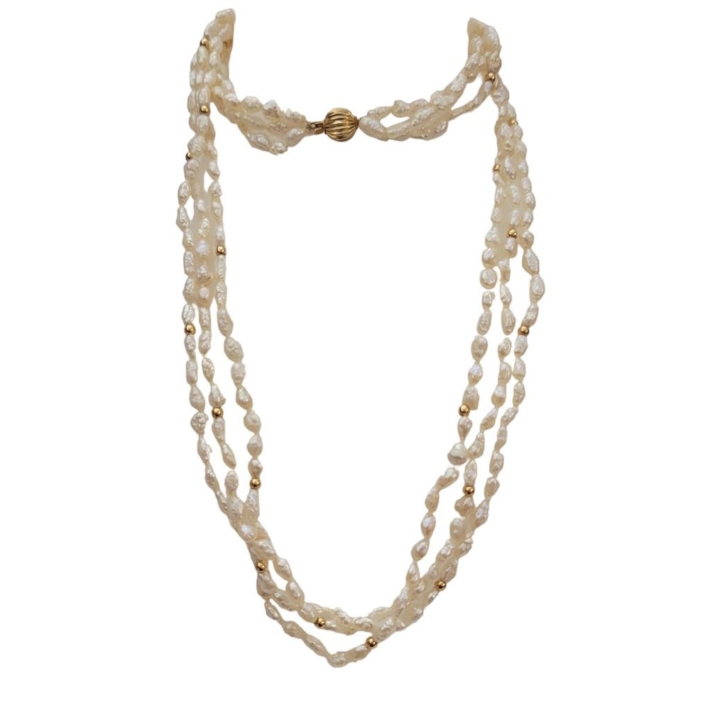 14K Yellow Gold Tongue Clasp Triple Strand Rice Pearls Gold Beads Necklace K894